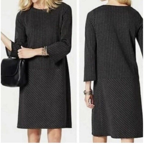 J. Jill Dresses & Skirts - J. Jill Ponte Grey White Classic Pinstripe Career Dress 3/4 Sleeve Stretch Small